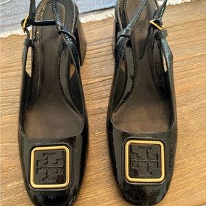 Tory Burch Black Heels with Gold Buckle in original box